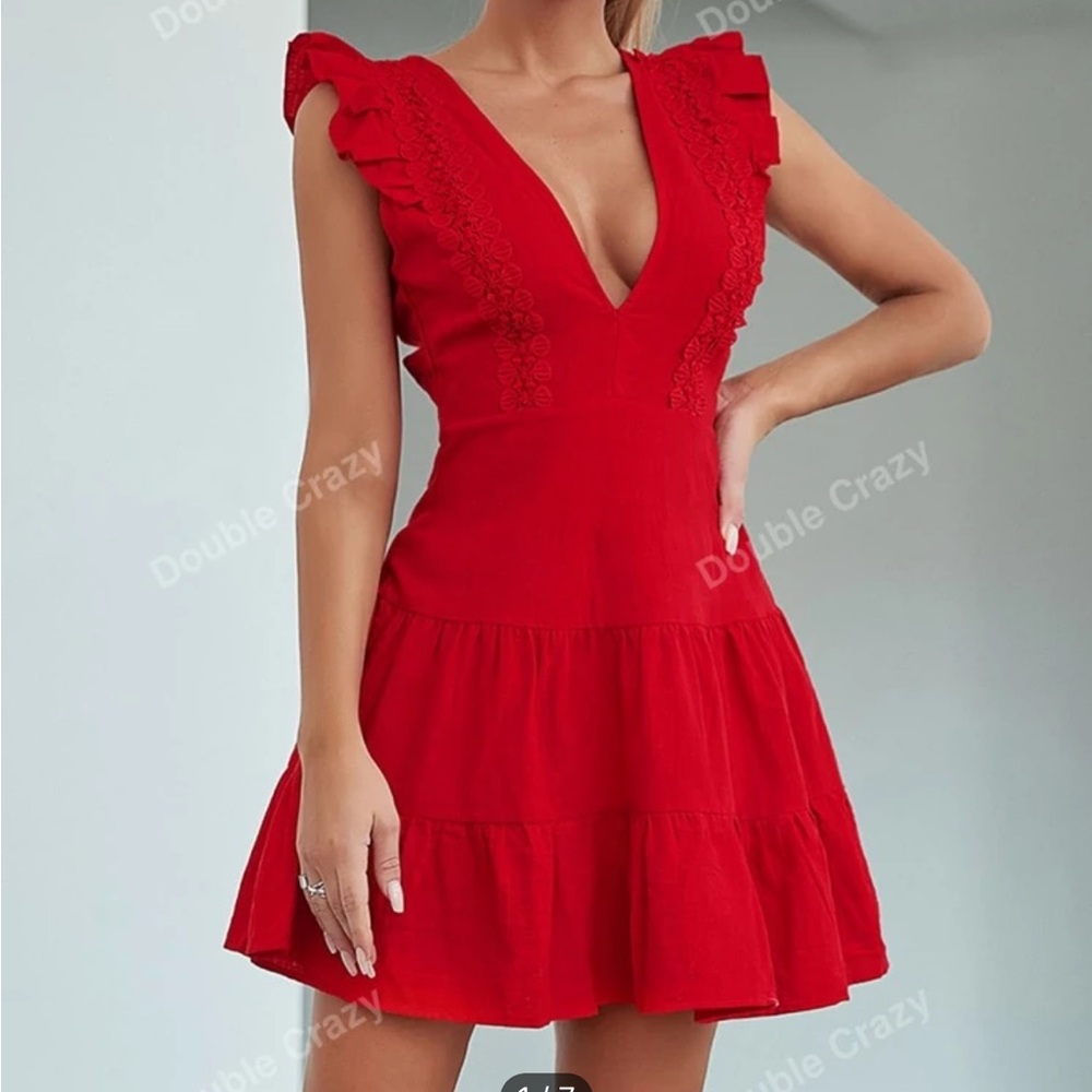 Double Crazy Butterfly Sleeve Lace Trim Ruffle Hem Dress